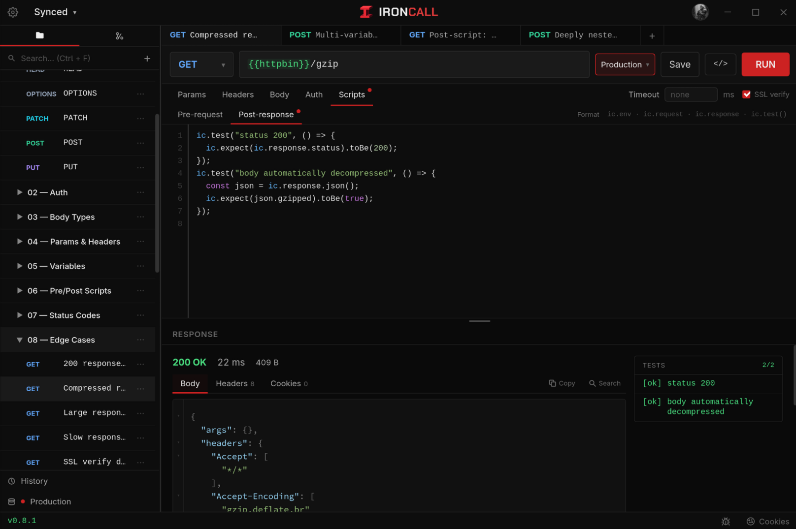 Ironcall API client: request editor with collections panel, environment variables and HTTP response viewer